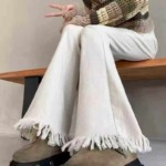 234 Pieces Women's White Stretch Fringed Micro Flare Jeans, Fringe Trim Petite Milk White Flared Jeans for 2026 Spring Summer - Image 8