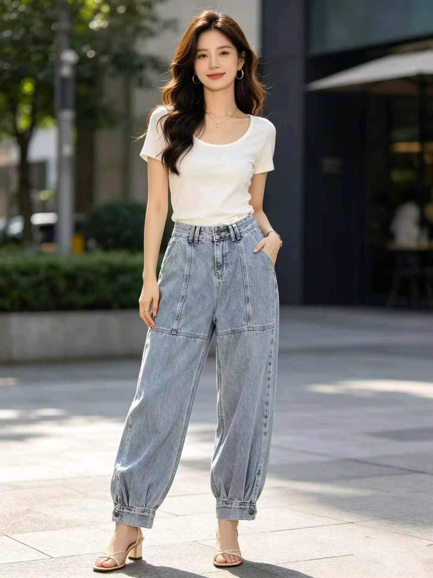 212 Pieces Women's 2026 New Style High Waist Loose Side Button Tapered Harem Denim Jeans Slimming Versatile Pants - Image 1
