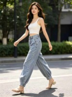 212 Pieces Women's 2026 New Style High Waist Loose Side Button Tapered Harem Denim Jeans Slimming Versatile Pants - Image 9