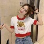 481 Pieces Bear Embroidery Knit Short Sleeve T-Shirt, Red White Color Block, One Size Cropped Crew Neck Loose Fit For Spring Summer - Image 4