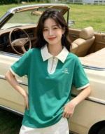 340 Pcs Contrast Color Turn-down Collar Short Sleeve Loose Korean Style Age-reducing Middle-aged Women T-shirts - Image 6