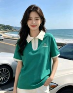 340 Pcs Contrast Color Turn-down Collar Short Sleeve Loose Korean Style Age-reducing Middle-aged Women T-shirts - Image 4