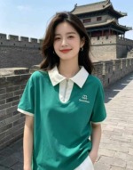 340 Pcs Contrast Color Turn-down Collar Short Sleeve Loose Korean Style Age-reducing Middle-aged Women T-shirts - Image 2