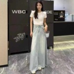 192 Pcs Vintage High Waist Washed Raw Hem Denim A-line Long Skirts For Women - Image 1