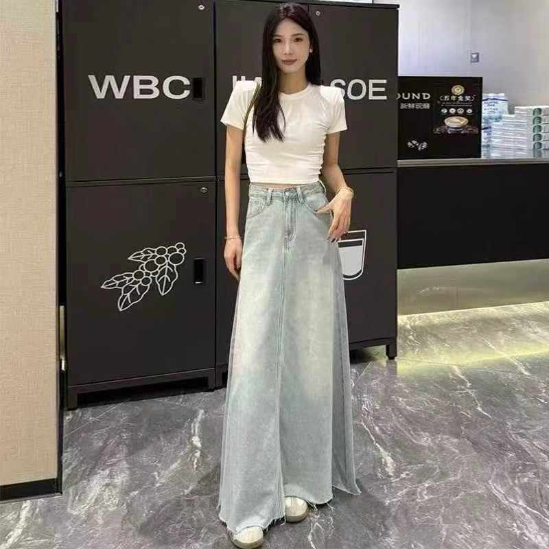 192 Pcs Vintage High Waist Washed Raw Hem Denim A-line Long Skirts For Women - Image 1