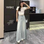 192 Pcs Vintage High Waist Washed Raw Hem Denim A-line Long Skirts For Women - Image 8