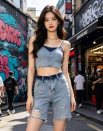 155 Pcs Wholesale Women's Ripped High Waist Straight Knee Length Frayed Hem Washed Denim Shorts - Image 1