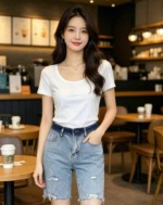 155 Pcs Wholesale Women's Ripped High Waist Straight Knee Length Frayed Hem Washed Denim Shorts - Image 9