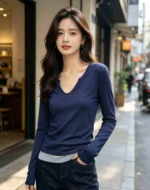 6000 Pieces American Sweet Korean Style Fake Two-piece Long Sleeve Slim Women's Color Block T-shirt Spring Summer Top - Image 1