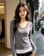 6000 Pieces American Sweet Korean Style Fake Two-piece Long Sleeve Slim Women's Color Block T-shirt Spring Summer Top - Image 9