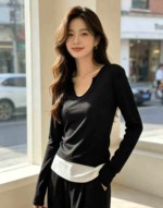 6000 Pieces American Sweet Korean Style Fake Two-piece Long Sleeve Slim Women's Color Block T-shirt Spring Summer Top - Image 8