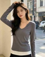 6000 Pieces American Sweet Korean Style Fake Two-piece Long Sleeve Slim Women's Color Block T-shirt Spring Summer Top - Image 6
