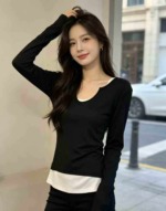 6000 Pieces American Sweet Korean Style Fake Two-piece Long Sleeve Slim Women's Color Block T-shirt Spring Summer Top - Image 5
