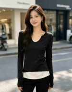 6000 Pieces American Sweet Korean Style Fake Two-piece Long Sleeve Slim Women's Color Block T-shirt Spring Summer Top - Image 4