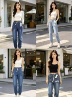 334 Pcs Women's Elastic Waist Tapered Straight Loose Jeans Spring Autumn Thin Casual Denim Stock Wholesale - Image 1