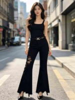 161 PCS Black Irregular Distressed Stretchy Flared Thin Women's Summer Jeans - Image 1