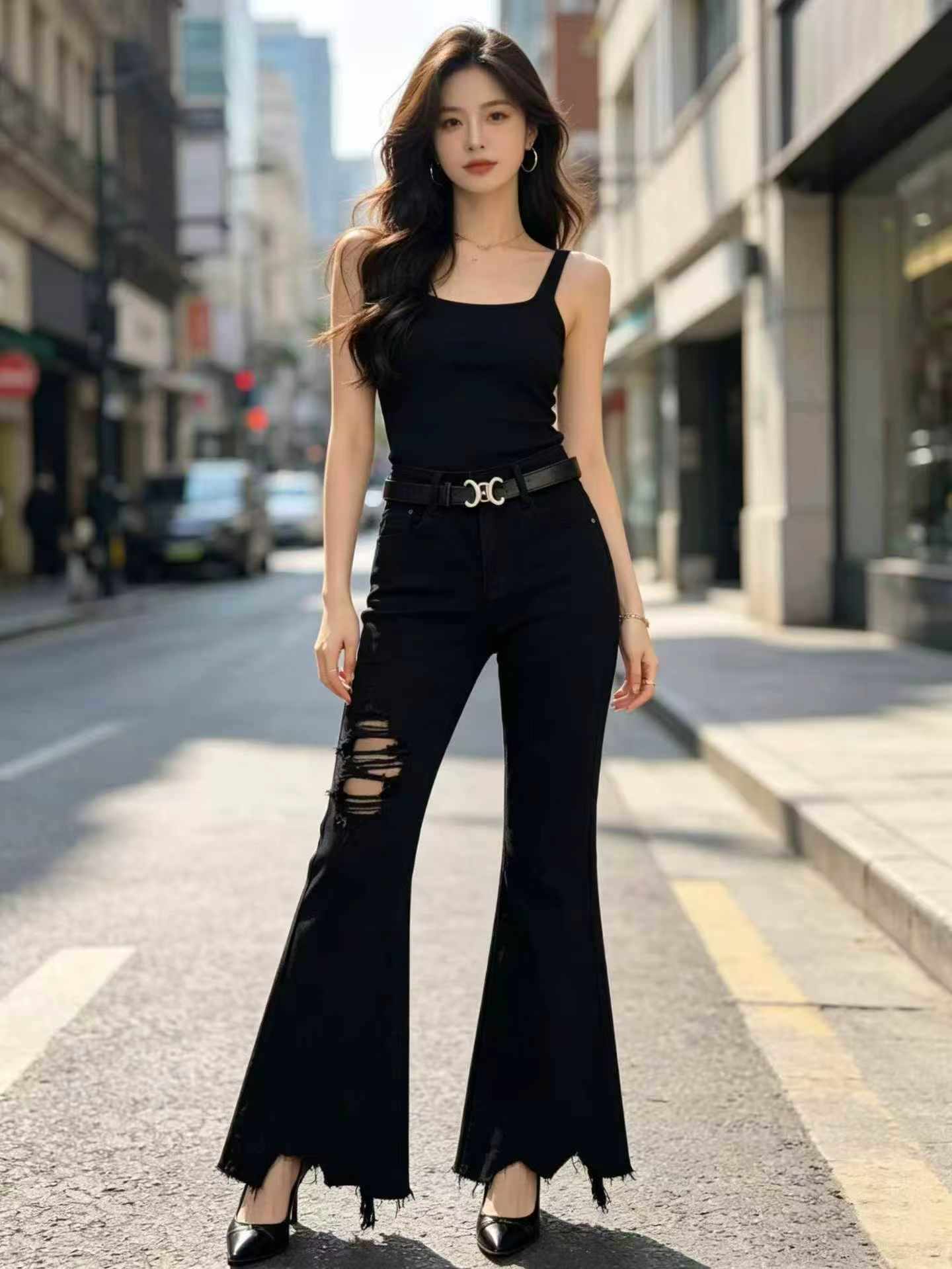 161 PCS Black Irregular Distressed Stretchy Flared Thin Women's Summer Jeans - Image 1