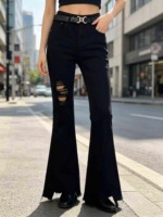 161 PCS Black Irregular Distressed Stretchy Flared Thin Women's Summer Jeans - Image 9