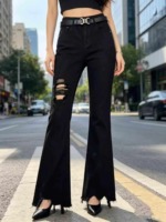 161 PCS Black Irregular Distressed Stretchy Flared Thin Women's Summer Jeans - Image 8