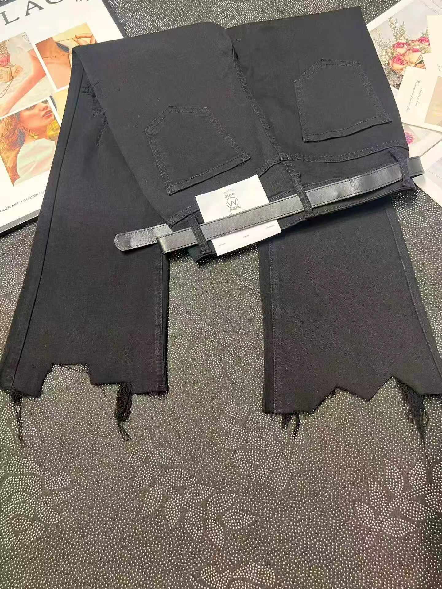 161 PCS Black Irregular Distressed Stretchy Flared Thin Women's Summer Jeans - Image 2