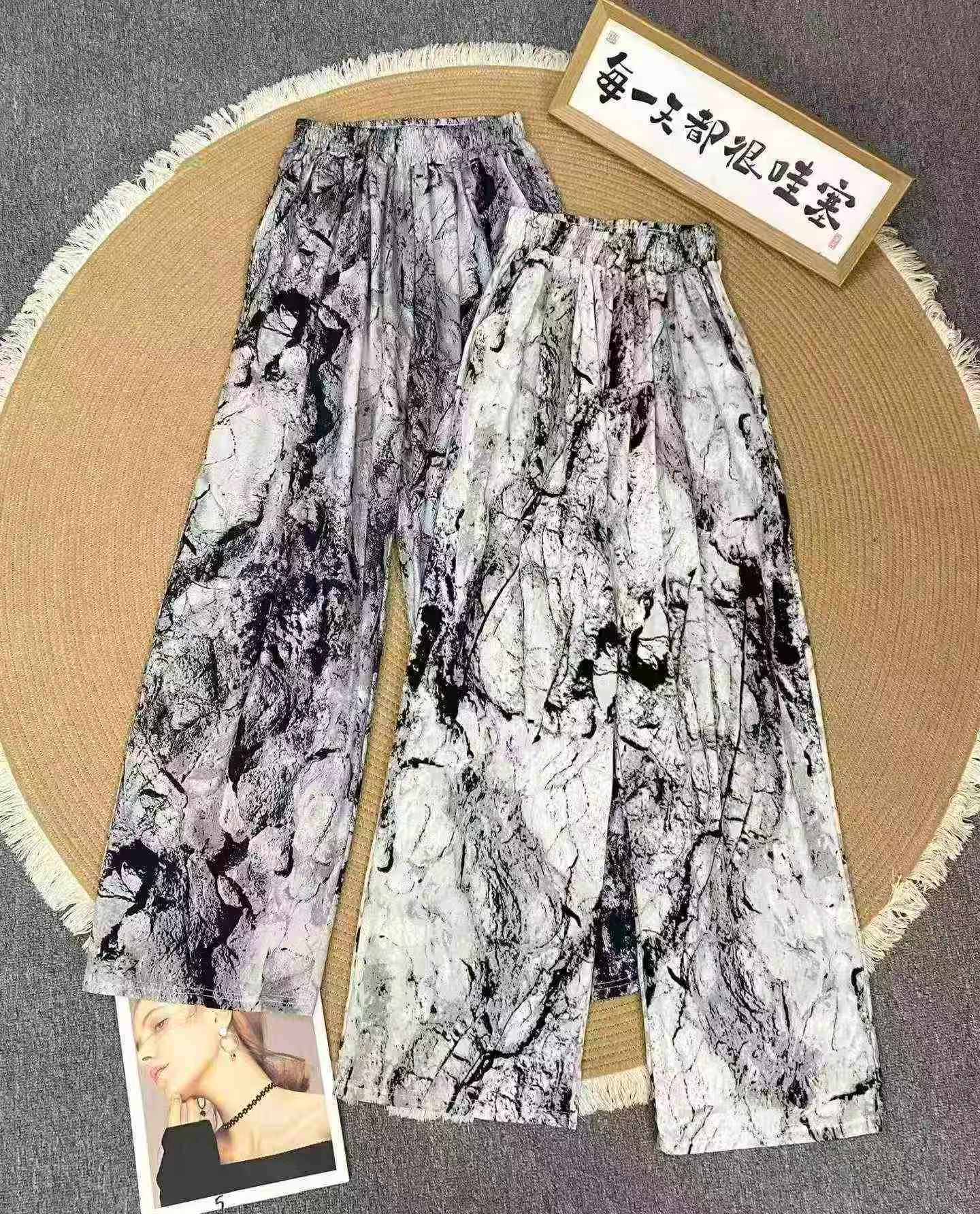 245 Pieces Ink Painting Print Wide Leg Pants, Elastic Waist With Pockets Lightweight Fabric - Image 1