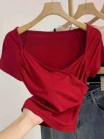 230 Pieces Women's French Retro Cross V-Neck Wine Red Short Sleeve Slim Waist Cropped T-Shirt Stock - Image 1