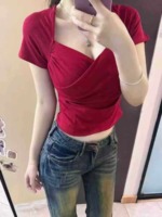 230 Pieces Women's French Retro Cross V-Neck Wine Red Short Sleeve Slim Waist Cropped T-Shirt Stock - Image 6