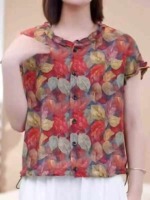 150 Pieces 2026 Summer New Maple Leaf Print Ruffled Short Sleeve Loose Women's Blouse - Image 5