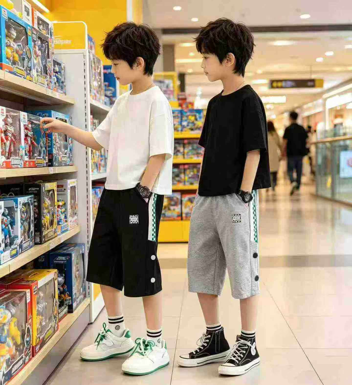 Clearance Bulk Big Kids Boys Casual Thin Terry Cotton Streetwear 5 Inch Shorts, 2 Colors, Size 120-170, Total 345 Pcs - Image 1