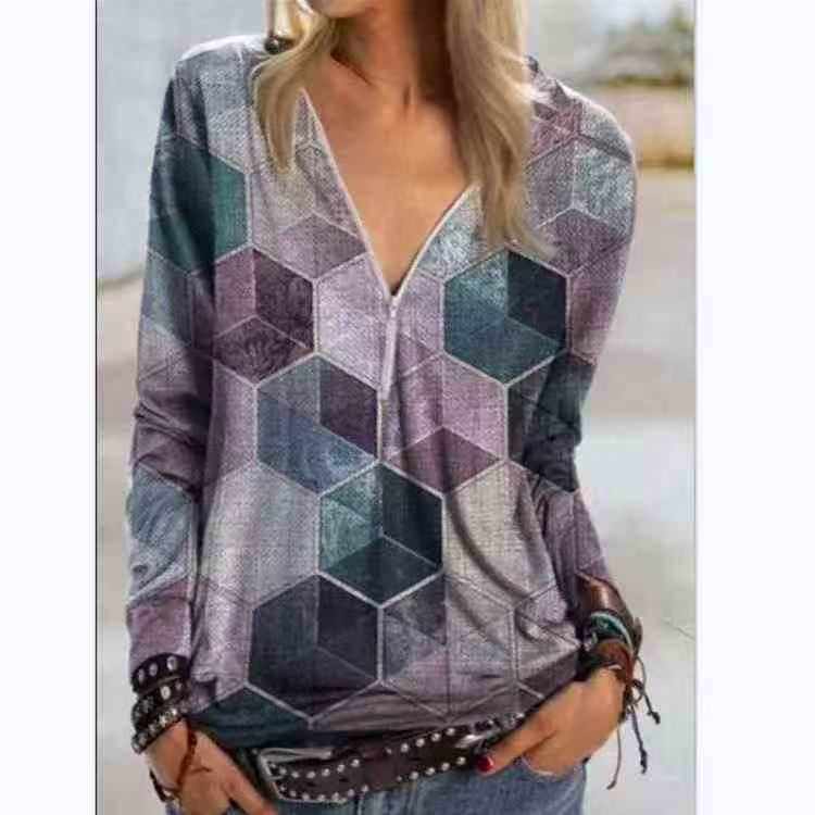 1200 Pcs Amazon Hot Street Style Geometric Cube Print V-neck Zip Long Sleeve Women T-shirt Bulk Stock - Image 1