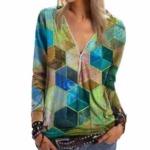 1200 Pcs Amazon Hot Street Style Geometric Cube Print V-neck Zip Long Sleeve Women T-shirt Bulk Stock - Image 7