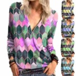 1200 Pcs Amazon Hot Street Style Geometric Cube Print V-neck Zip Long Sleeve Women T-shirt Bulk Stock - Image 6
