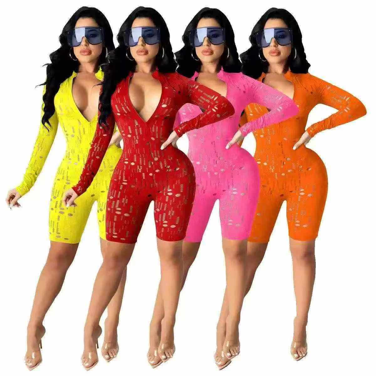 Stock Clearance 342 Pcs European & American Women's Solid Burnout Distressed Zipper Sexy Jumpsuits S-2XL 3 Colors - Image 1