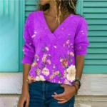 About 830 Pieces Autumn Winter New European American Style Women's V-Neck Printed Long Sleeve Pullover T-Shirt Bulk Stock Wholesale - Image 1