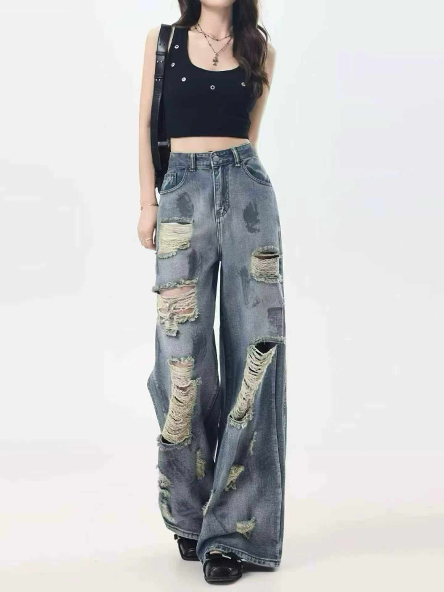 Vintage Tie-Dye Wasteland Style Ripped Women's Washed Wide Leg Floor-length Jeans, About 400 Pieces Bulk Clearance - Image 1