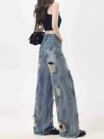 Vintage Tie-Dye Wasteland Style Ripped Women's Washed Wide Leg Floor-length Jeans, About 400 Pieces Bulk Clearance - Image 5