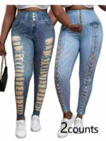138000 Pcs European American Plus Size 0XL-4XL High Elastic Heavy Weight Imitation Denim Women Pants Stock Clearance - Image 2
