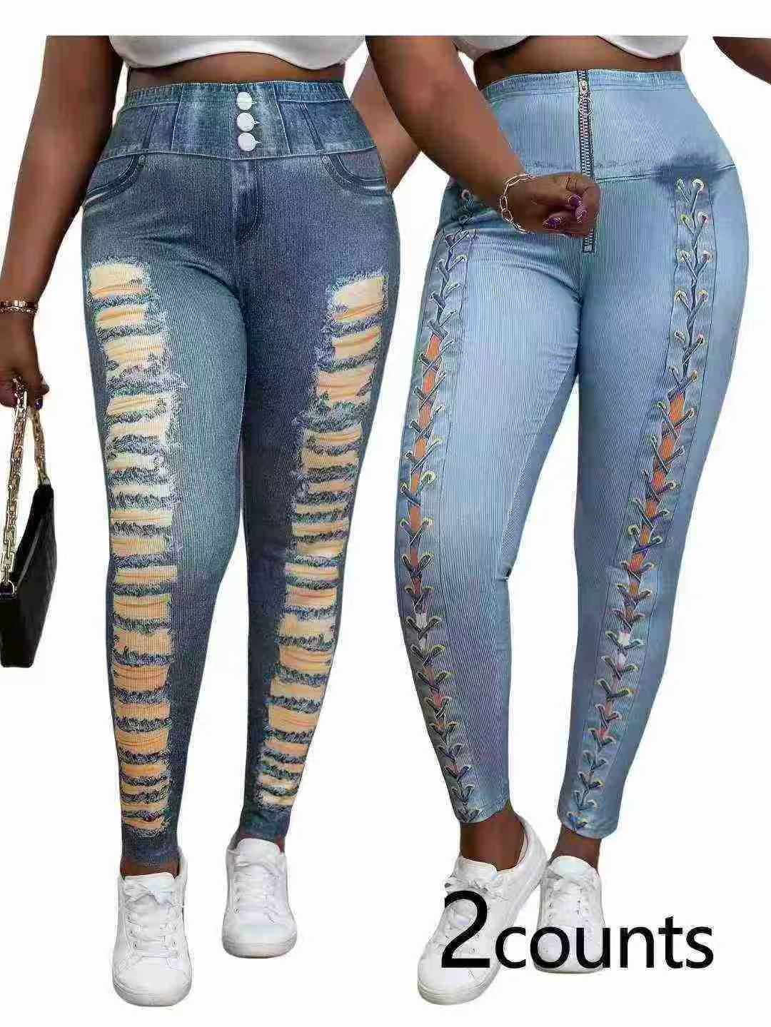 138000 Pcs European American Plus Size 0XL-4XL High Elastic Heavy Weight Imitation Denim Women Pants Stock Clearance - Image 2