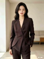 About 235 Pcs Light Luxury Collarless Dark Brown Irregular Hem Design Blazers Stock Wholesale - Image 1