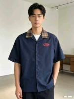 About 240 Pieces Smart Casual American Retro Contrast Check Collar Men's Short Sleeve Shirts Wholesale Stock Lot - Image 1