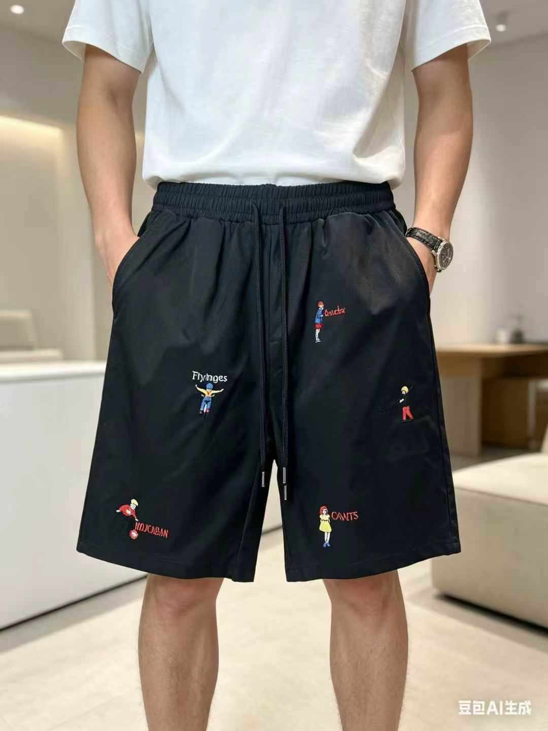 Around 240 Pcs American High Street Style Fun Figure Embroidered Loose Casual Drawstring Five-inch Shorts, Sizes S-3XL, Individual Packaging - Image 1