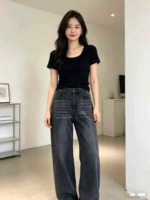 1000 Pcs American Retro High Street Washed Straight Black Grey Wide Leg High Stretch Jeans With YKK Zipper Wholesale Stock Lot - Image 9