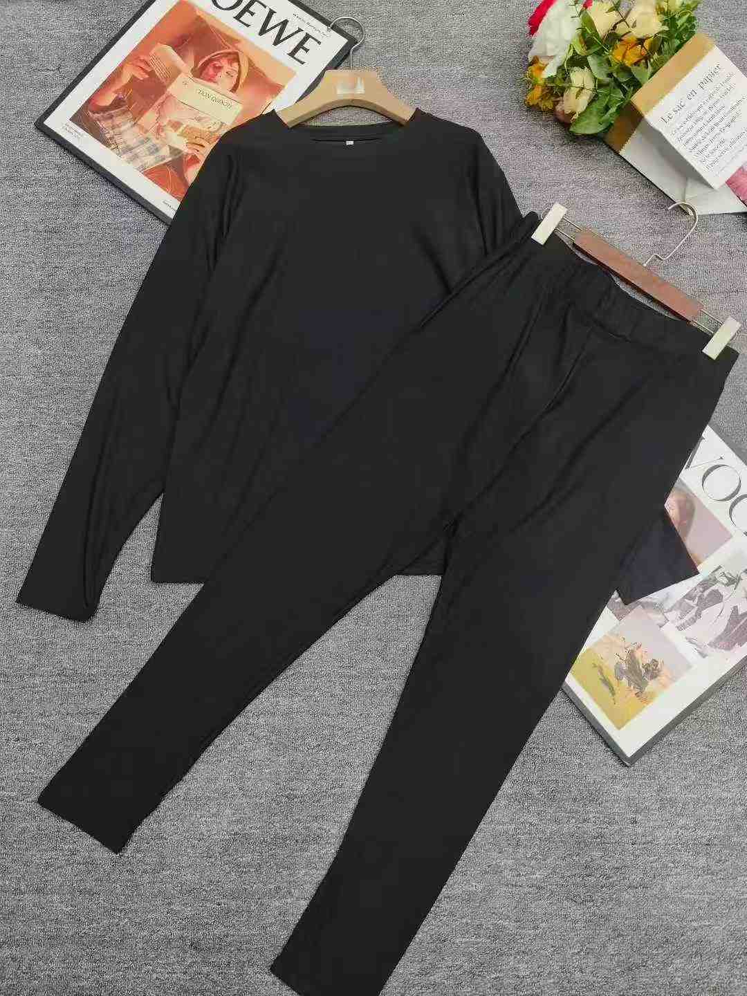 Clearance Sale: 203 Sets Black Solid Plain Comfortable Long Sleeve Top & Long Pants Sets Sizes S-4XL Chinese Clothing Stock - Image 2
