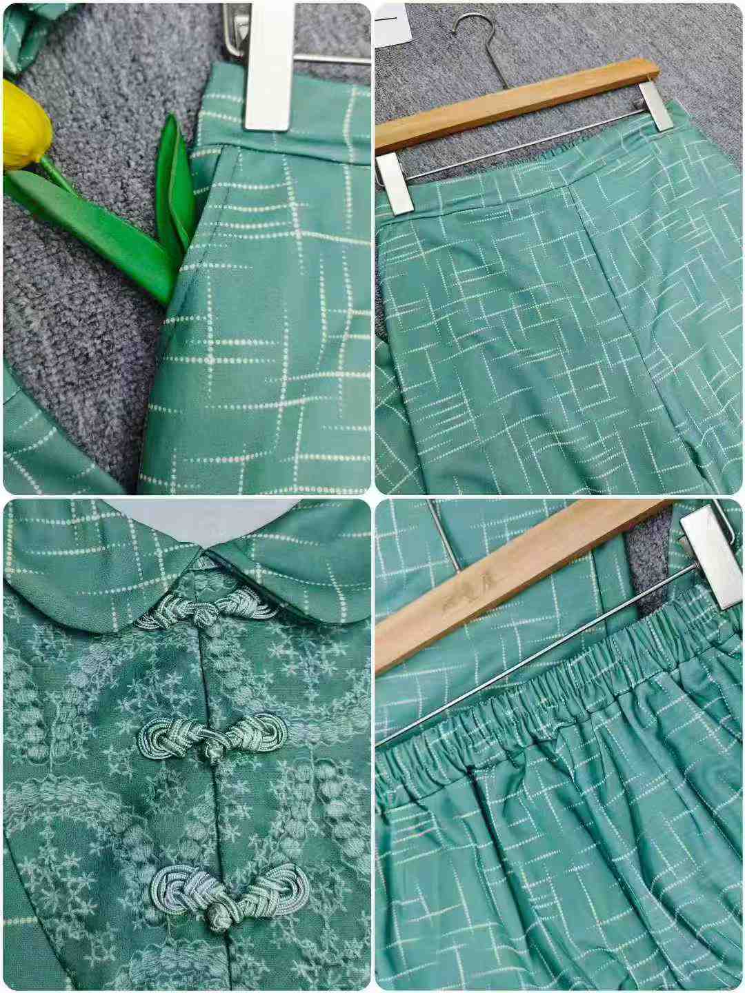 Clearance Wholesale 161pcs New Chinese Style Frog Button Jade Green Women's 2-Piece Sets Sizes M-XL-3XL - Image 2