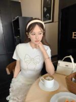 Clearance Sale High Quality Heavy Pure Cotton Beaded Sweet & Sexy Women's Short Sleeve T-Shirts Bulk Wholesale Chinese Clothing Stock - Image 6