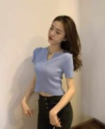 Wholesale Lot of 870 Summer Korean Style Elastic Slim Fit Half-Zip Knit T-Shirts - Clothing Stock Lots - Image 8