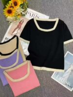Summer New Style Oversized Square Neck Stretchy Knit Short Sleeve Tops - 5300 Pcs, 3 Colors (Beige, Black) - Clothing Stock Lots for Wholesale Export - Image 1