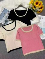 Summer New Style Oversized Square Neck Stretchy Knit Short Sleeve Tops - 5300 Pcs, 3 Colors (Beige, Black) - Clothing Stock Lots for Wholesale Export - Image 9