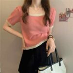 Summer New Style Oversized Square Neck Stretchy Knit Short Sleeve Tops - 5300 Pcs, 3 Colors (Beige, Black) - Clothing Stock Lots for Wholesale Export - Image 5