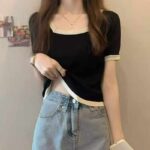 Summer New Style Oversized Square Neck Stretchy Knit Short Sleeve Tops - 5300 Pcs, 3 Colors (Beige, Black) - Clothing Stock Lots for Wholesale Export - Image 4